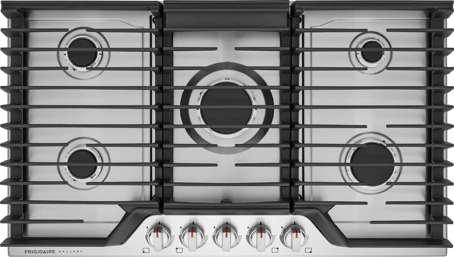 36-inch stainless steel cooktop with five gas burners, cast iron grates, and front control knobs in kitchen appliances collection