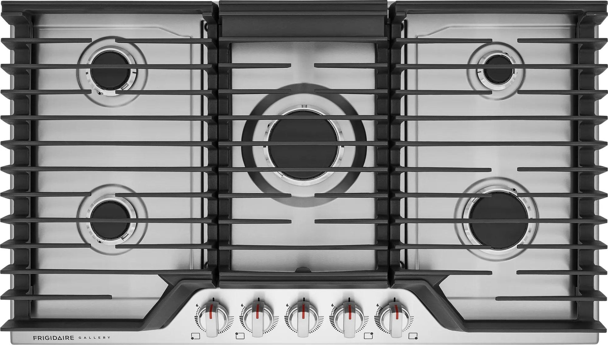36-inch stainless steel cooktop with five gas burners, cast iron grates, and front control knobs in kitchen appliances collection