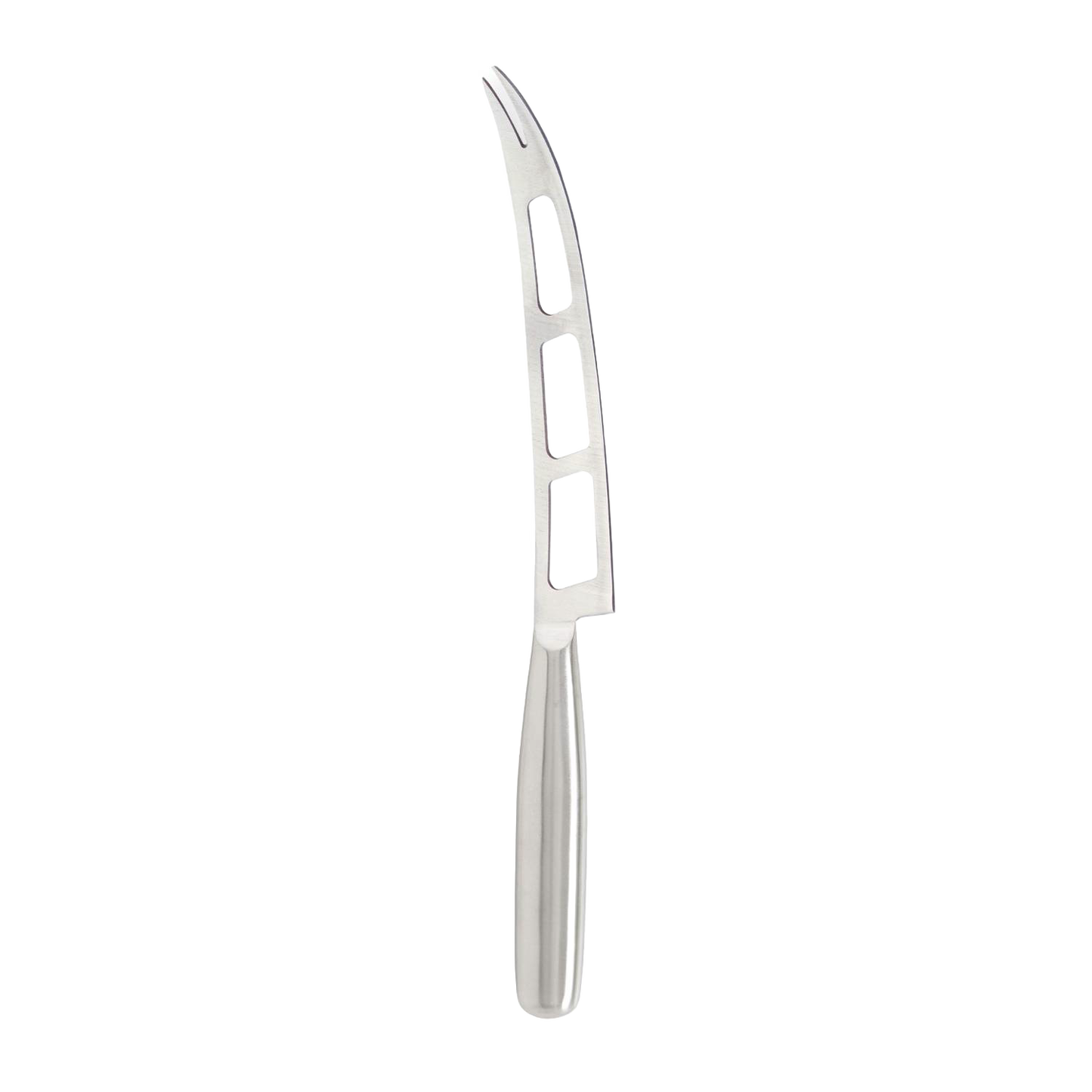 Brushed stainless steel soft cheese knife with vented curved blade for kitchen utensils and cookware collections