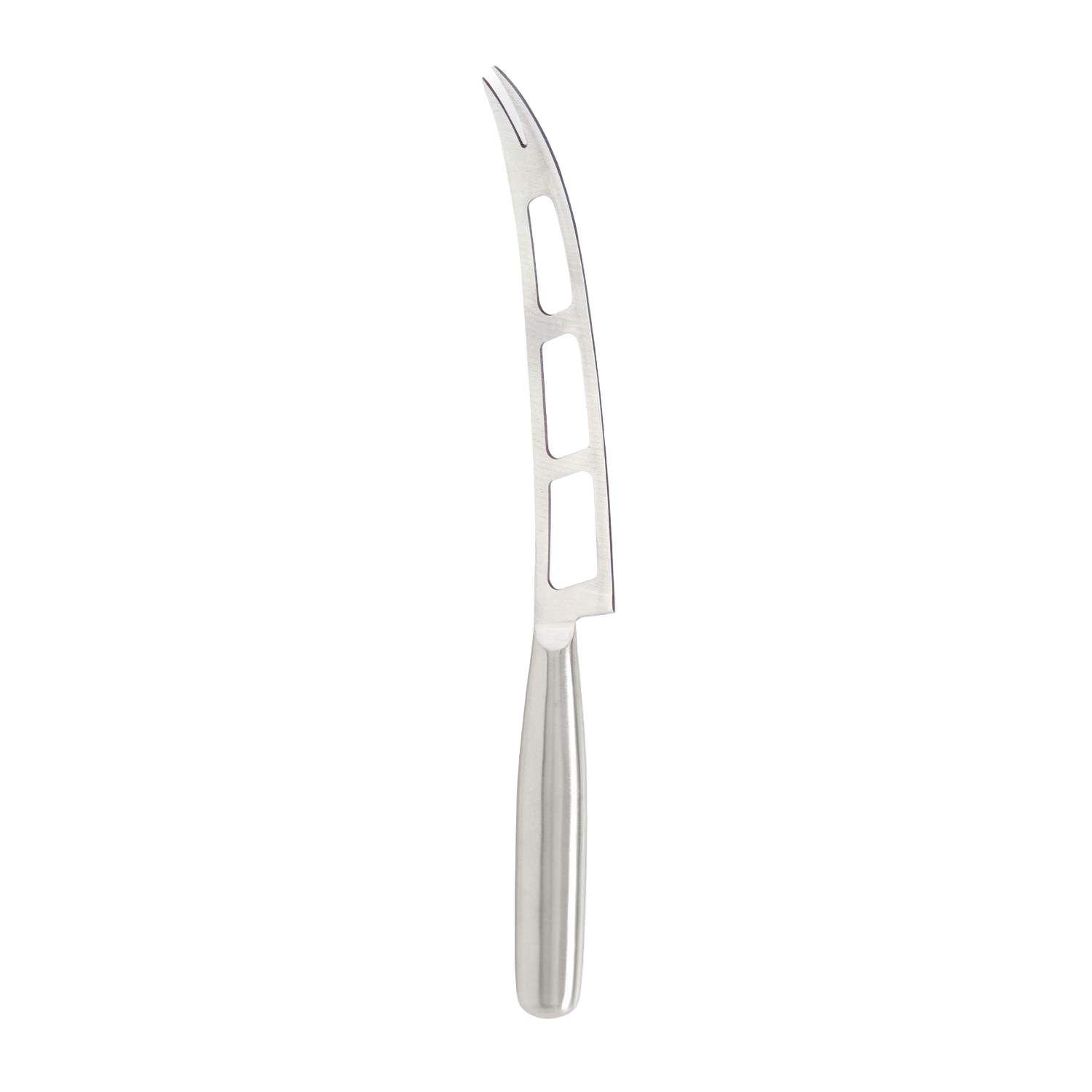 Brushed stainless steel soft cheese knife with vented curved blade for kitchen utensils and cookware collections