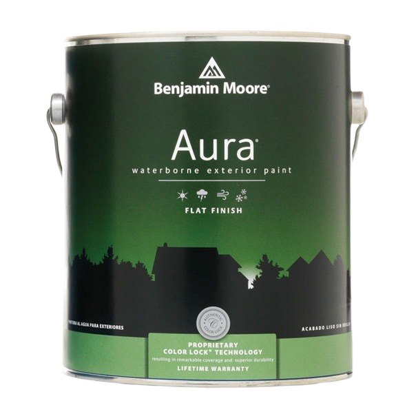 Green can of Benjamin Moore Aura flat finish waterborne exterior paint for walls and doors under $50 collections