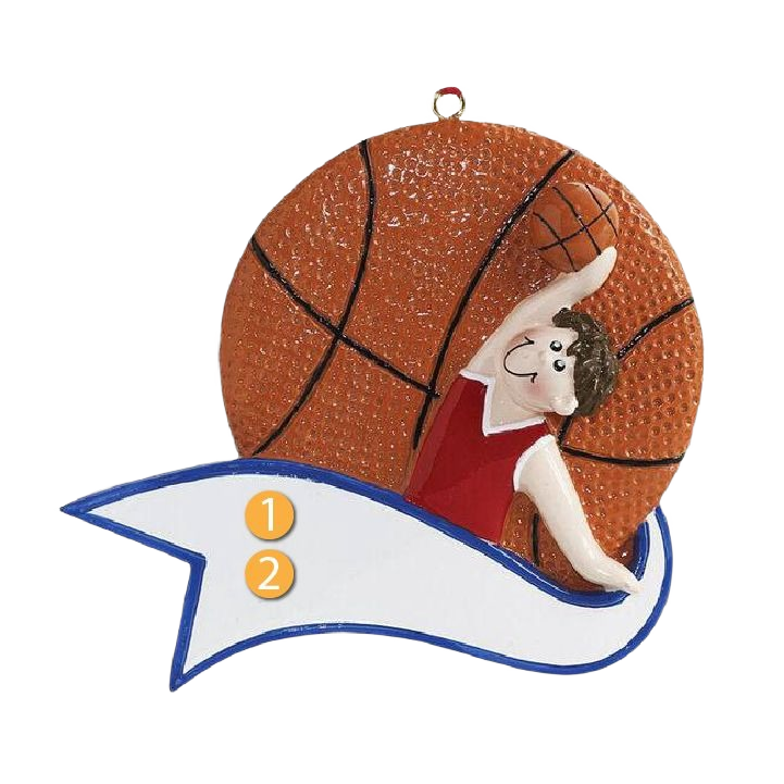 Boy figurine dunking basketball with large textured basketball and white banner for personalized message, Christmas décor