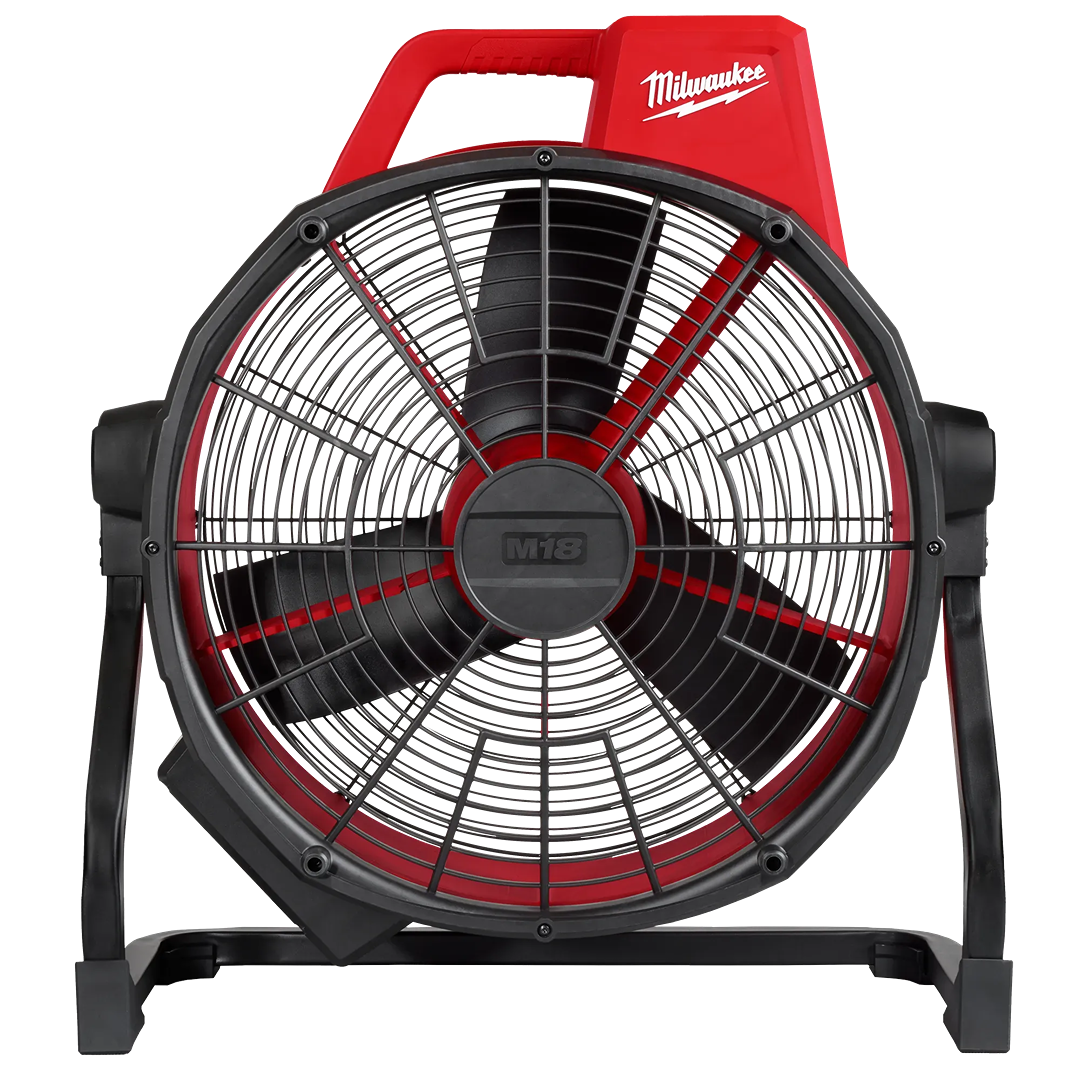 Red and black Milwaukee M18 brushless 18-inch portable fan with 360-degree rotation for power tool ventilation