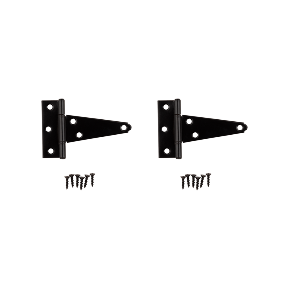 Two black heavy-duty 4-inch tee hinges with offset holes and mounting screws for doors and home improvement projects under $50