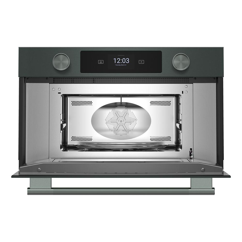 Built-in dark gray microwave oven with air fry, digital display, two control knobs, and stainless steel interior from KitchenAid Appliances collection