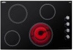 Black smooth radiant cooktop with four burners and side control knobs for kitchen and home improvement appliances