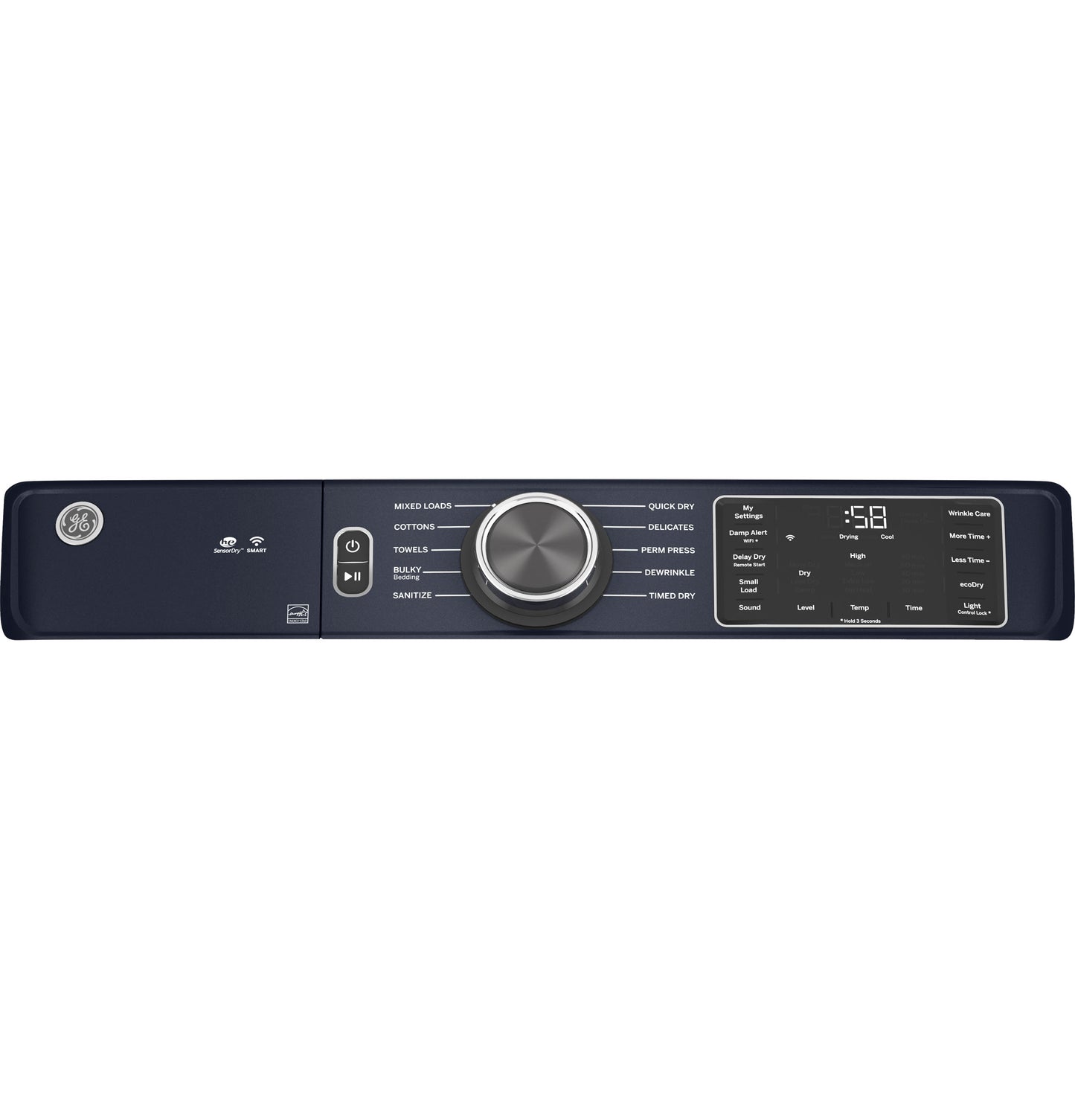 Control panel of a GE smart front load electric dryer with cycle options and digital display in Dryers and Appliances collection