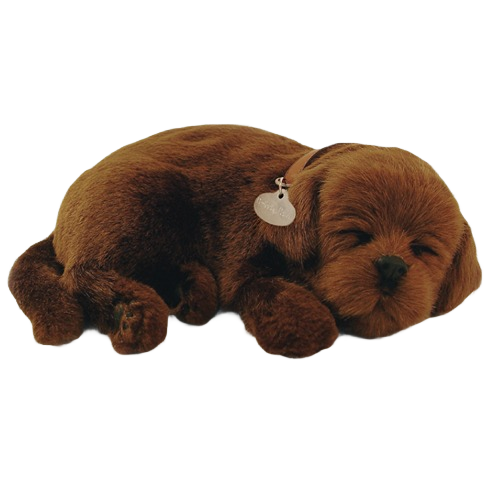 Brown plush chocolate lab dog figurine lying down with closed eyes and a small round tag on its collar