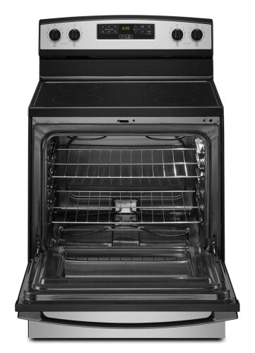 Open oven view of black and stainless steel electric range with smooth cooktop and digital controls in kitchen appliances collection