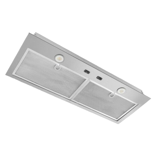 Stainless steel power pack insert with LED lighting and dual mesh filters for over the range hood appliances collection