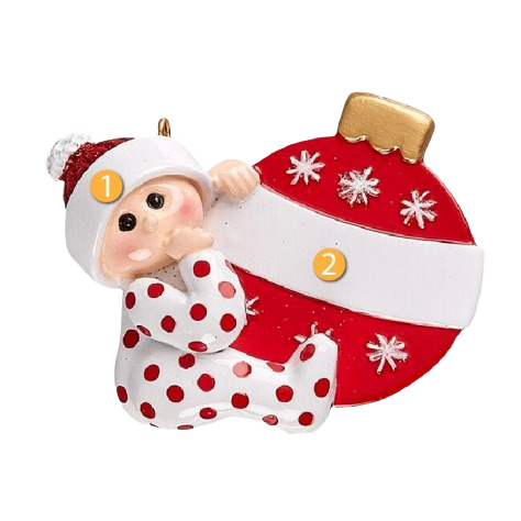 Baby figurine in red polka dot pajamas with thumb in mouth holding a red and white Christmas ornament decoration