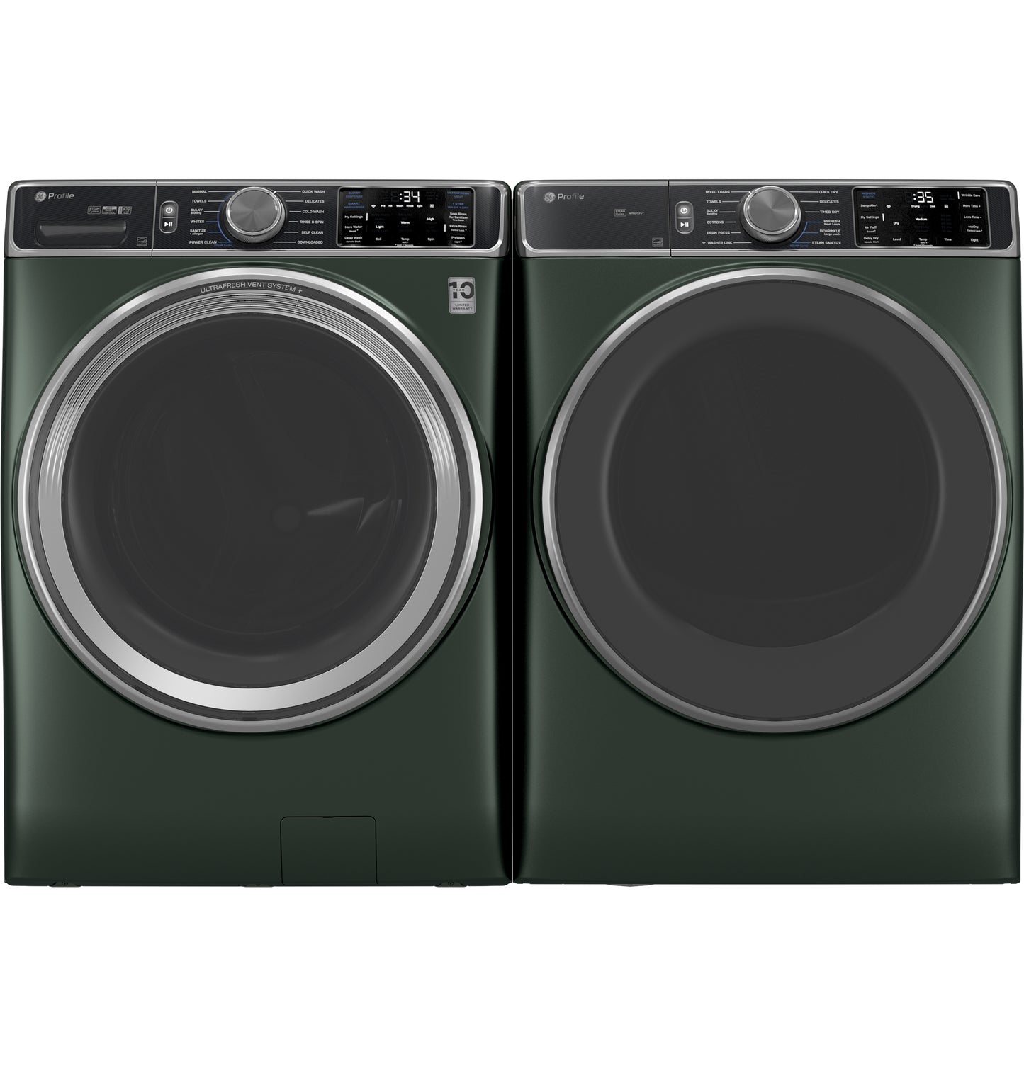 Dark green smart front load washer and matching dryer with digital controls from washers and dryers collection.