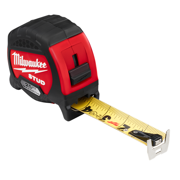 Red and black Milwaukee STUD tape measure with yellow blade extended, designed for woodworking and home improvement tasks