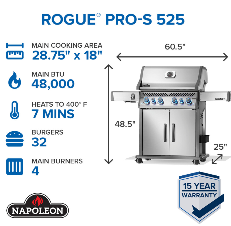 Stainless steel propane grill with four main burners, control panel featuring six knobs, side burner, double-door storage, and locking wheels for outdoor grilling.