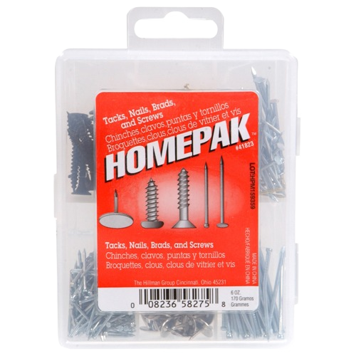 Assortment of nails, tacks, brads, and screws in clear plastic case for hardware and fasteners under $50