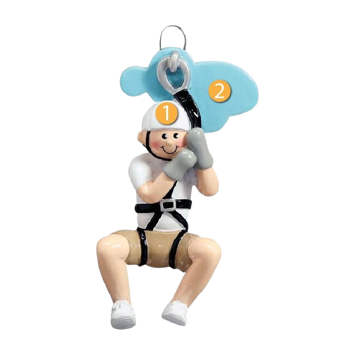 Boy figurine wearing helmet and gloves zip lining with blue cloud background for Christmas ornaments collection under $50