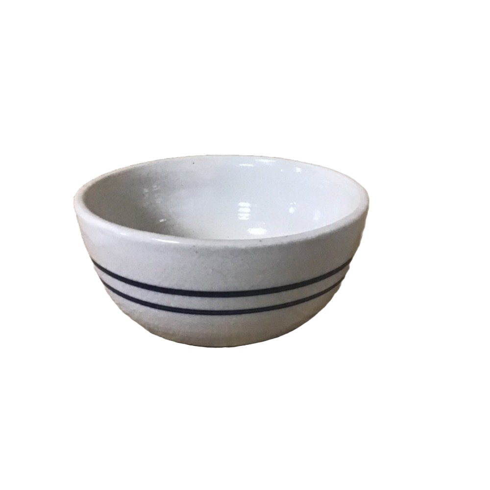 Hand-thrown stoneware bowl with double blue stripes, perfect for serving and kitchenware under $50 collection.