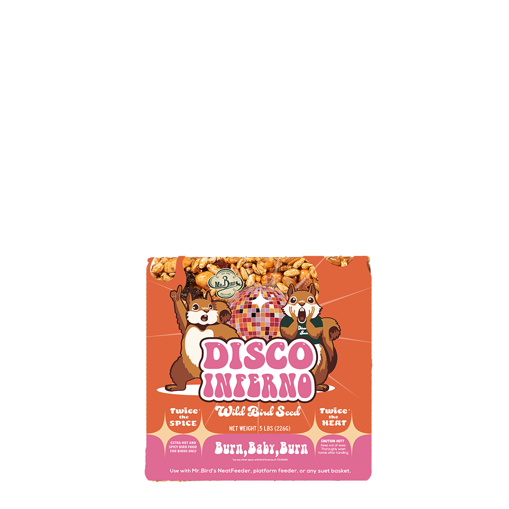 Packaging of Mr. Bird Disco Inferno small seed cake for wild bird feeding with vibrant orange and pink design