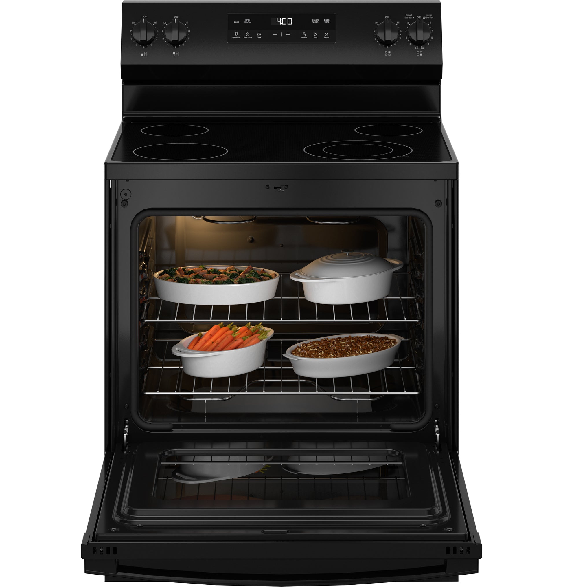 Black free-standing electric range with open oven containing baked dishes, part of electric ranges and kitchenware collections