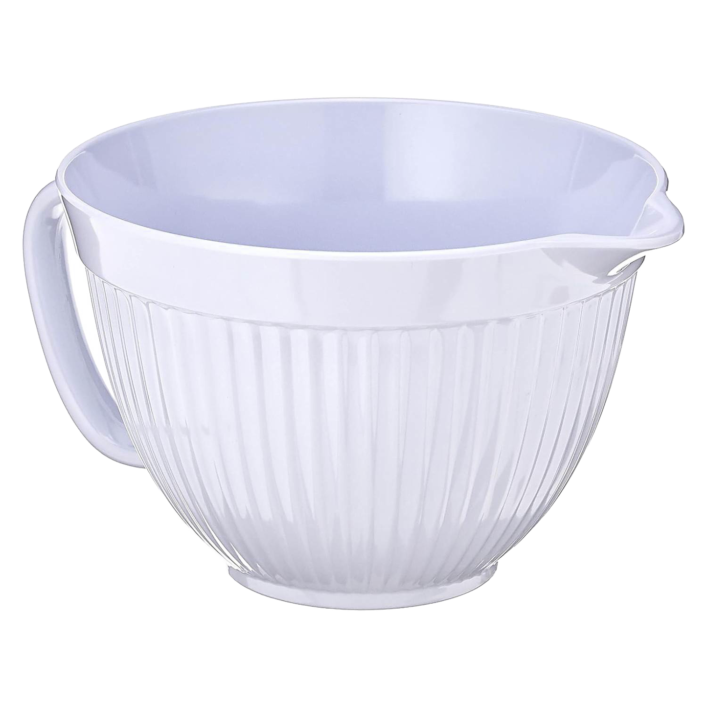 White 3-quart mixing bowl with large handle and pouring spout for kitchen gadgets and cookware use.