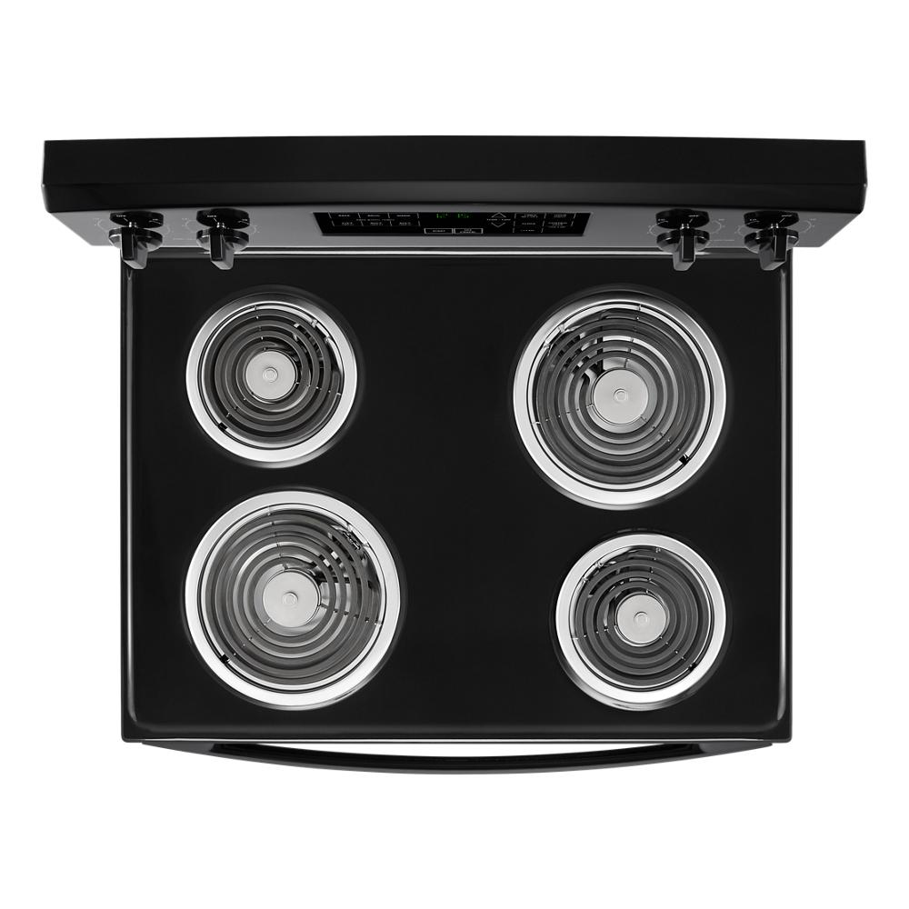 Top view of black electric range cooktop with four coil burners and digital control panel in electric ranges collection