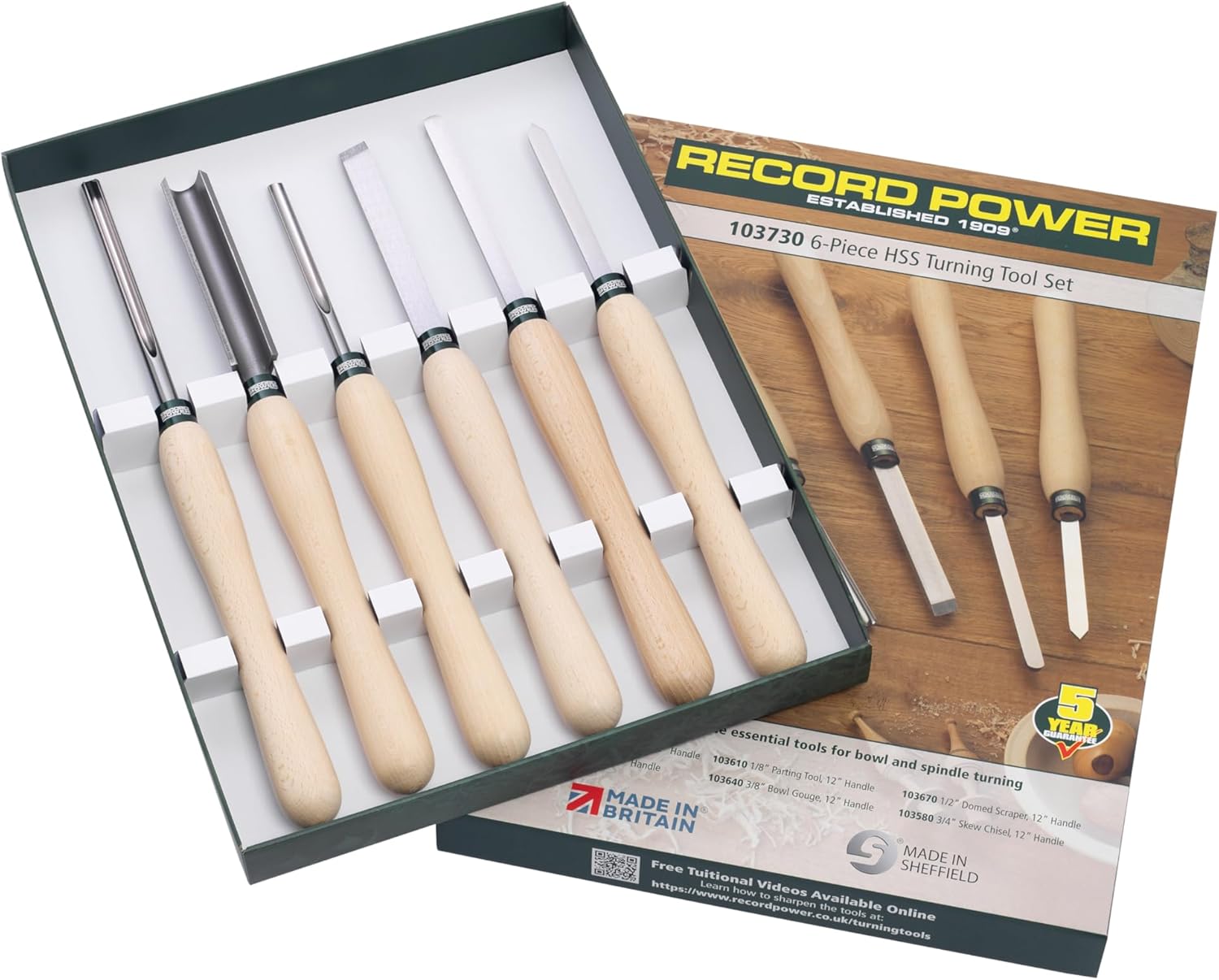 Six-piece woodturning tool set with beech handles for woodworking and home improvement projects