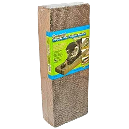 Corrugated cardboard cat scratcher replacement in packaging, designed for pet care and home improvement use