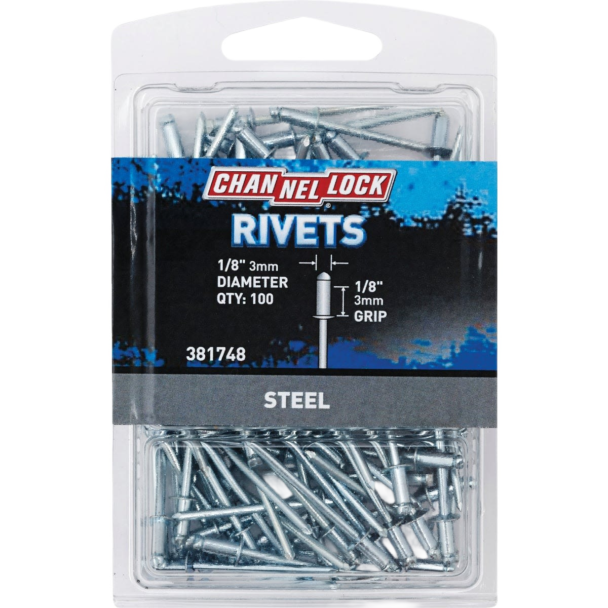 Package of 100 steel rivets with 1/8 inch diameter grip for durable fastening in hardware and fasteners collections