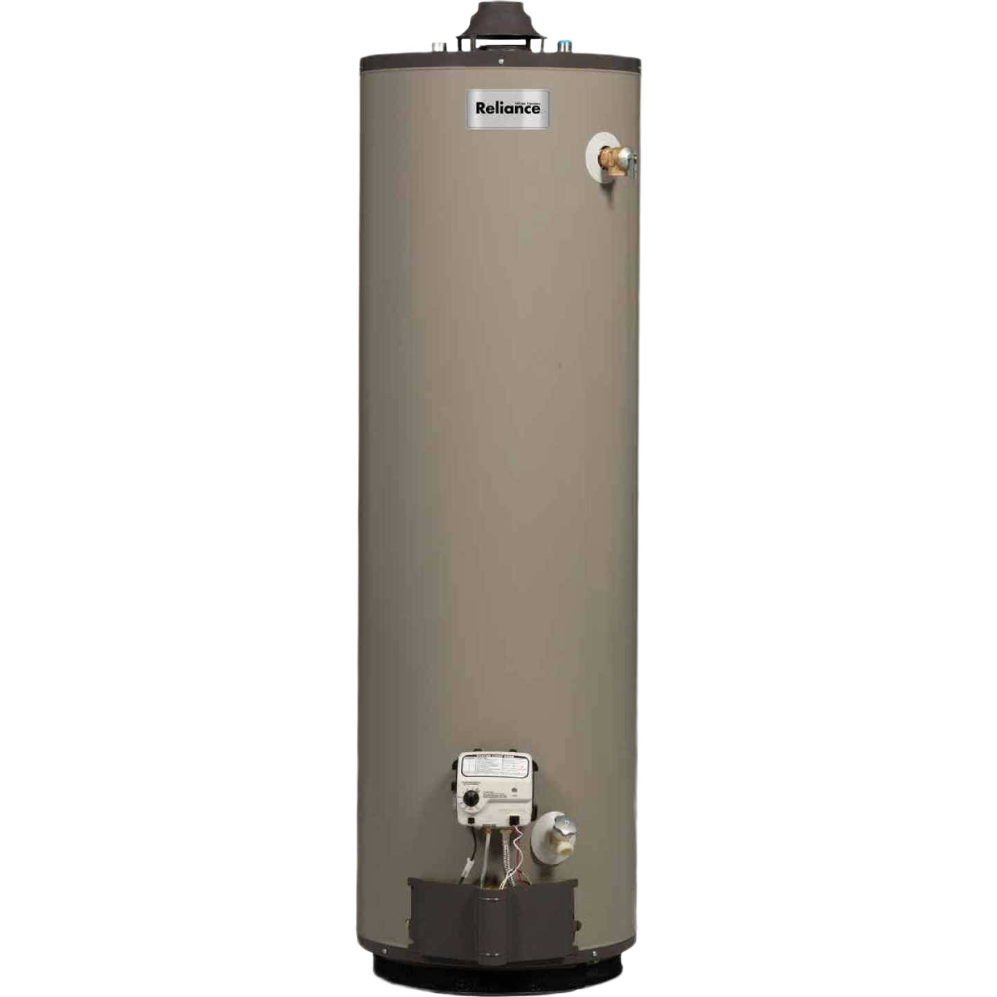 Tall beige natural gas water heater with integrated self-cleaning system for home improvement use