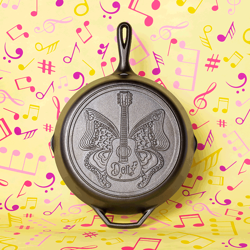 12-inch cast iron skillet with embossed guitar and butterfly design, durable cookware for kitchenware collections