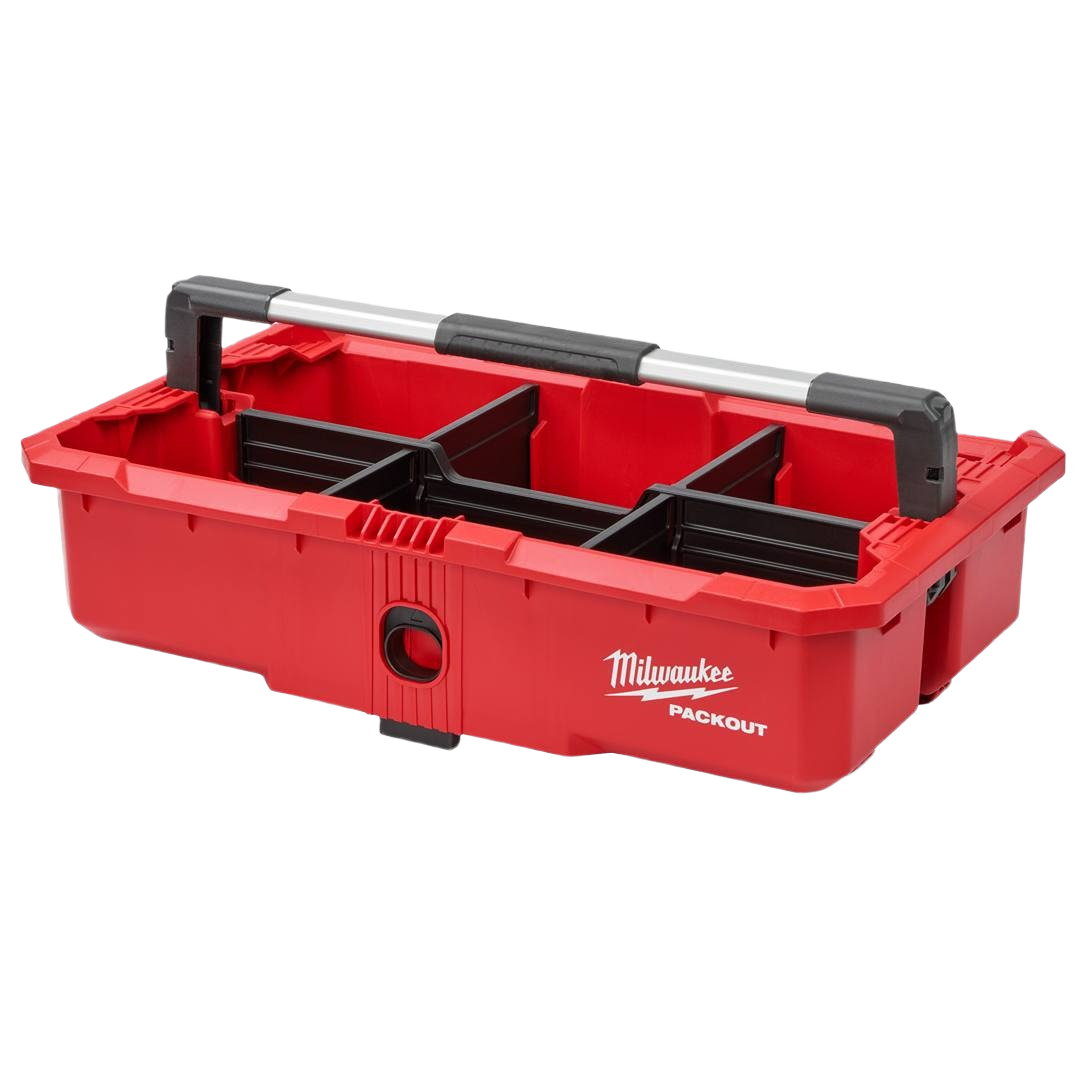 Red plastic Milwaukee PACKOUT tray with adjustable black dividers and a sturdy handle for tool storage and organization.