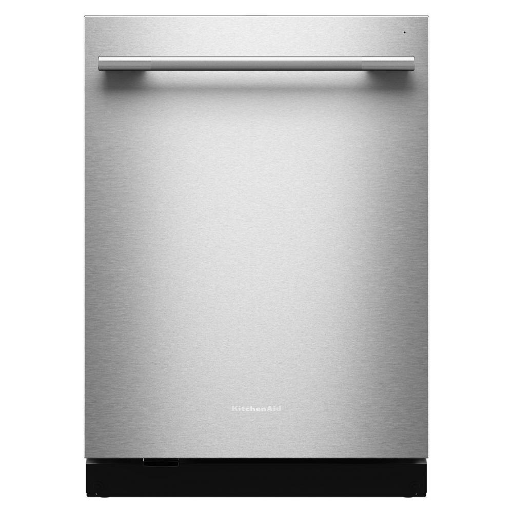 stainless steel dishwasher with towel bar handle and sleek modern front from kitchen appliances collection