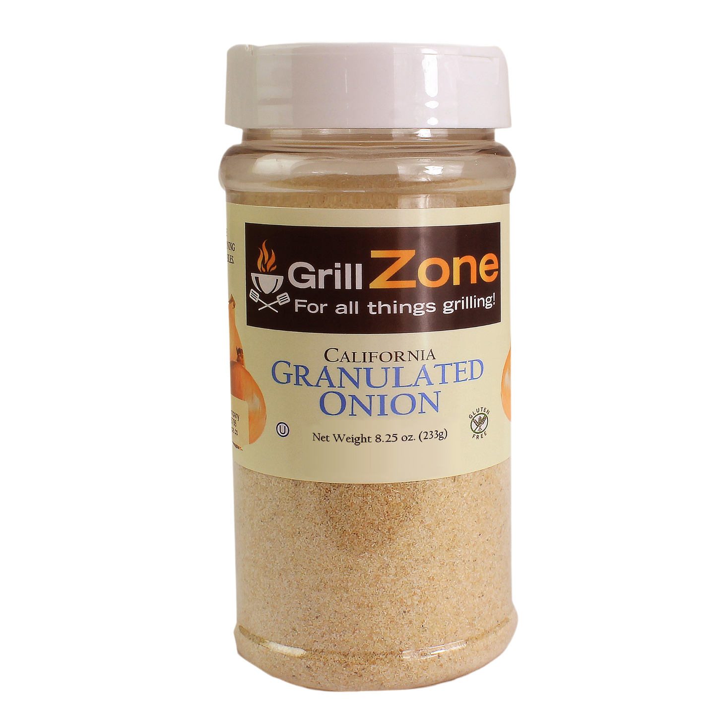 Clear plastic spice jar of Grill Zone granulated onion seasoning for grilling and outdoor cooking under $50 collections