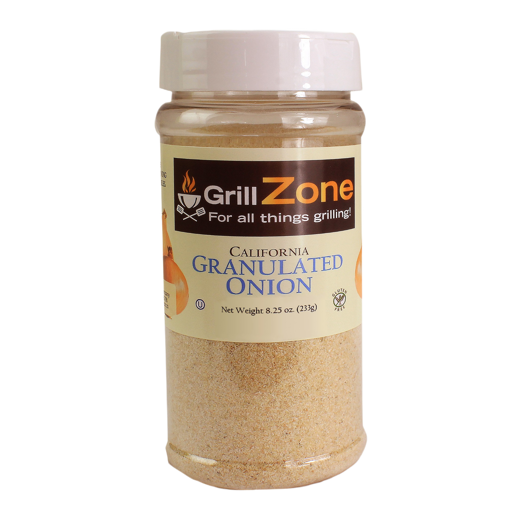 Clear plastic spice jar of Grill Zone granulated onion seasoning for grilling and outdoor cooking under $50 collections