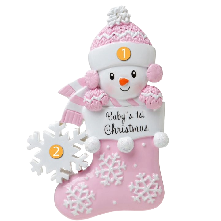 Pink stocking ornament with smiling baby snowman wearing knit hat and scarf, featuring "Baby's 1st Christmas" text