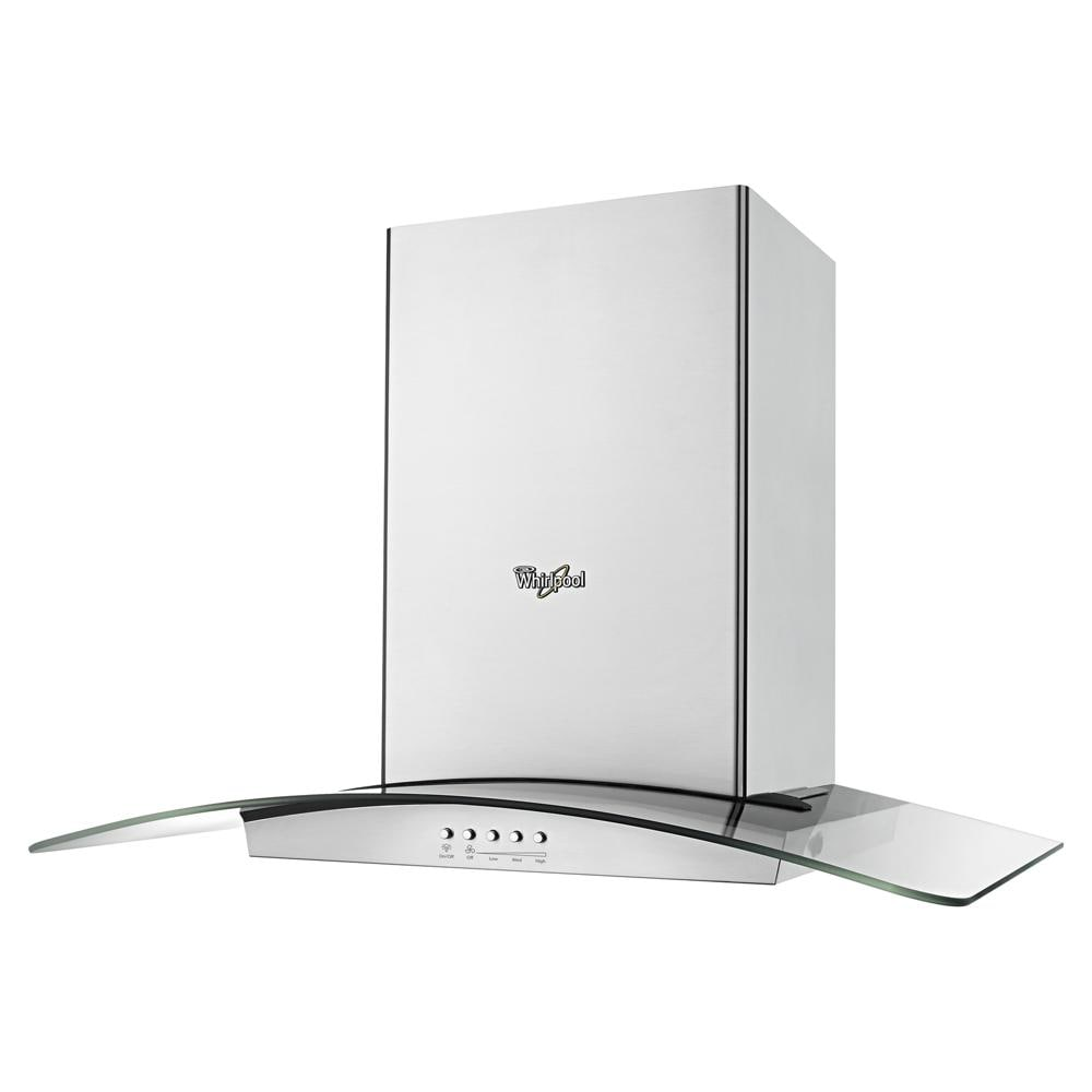 Stainless steel wall mount range hood with curved glass canopy and push button controls, part of kitchen appliances collection