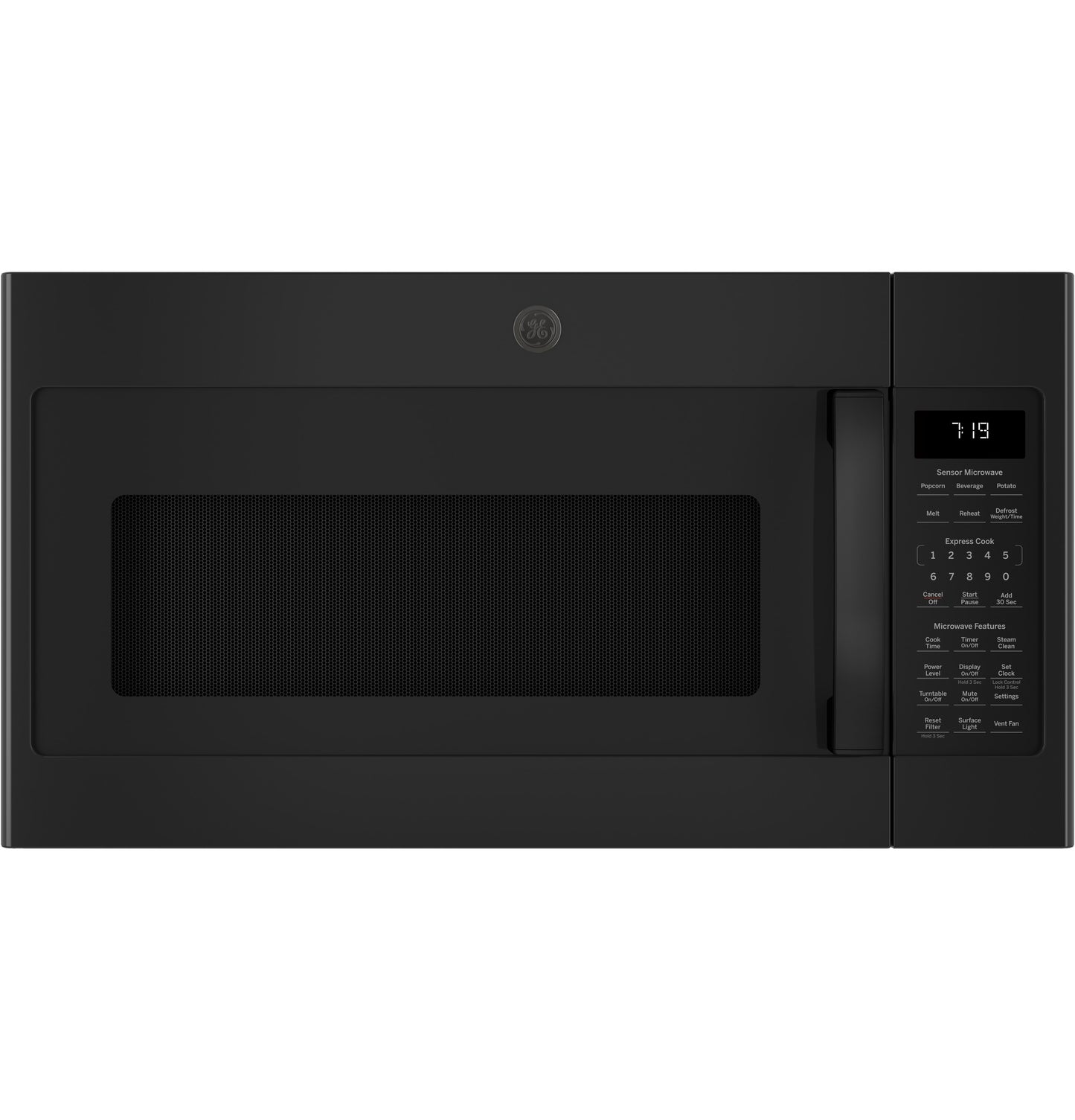 Black over-the-range microwave oven with touchscreen controls and digital clock in kitchen appliances collection