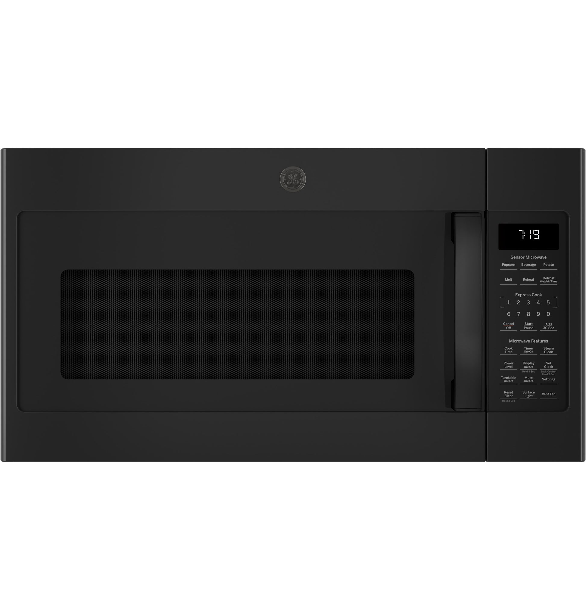 Black over-the-range microwave oven with touchscreen controls and digital clock in kitchen appliances collection
