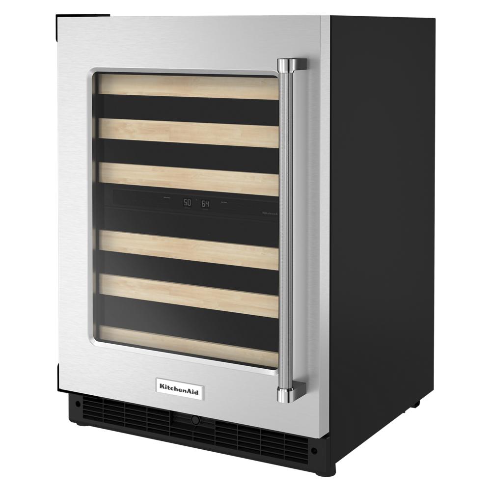 24-inch undercounter wine cellar with glass door, wood-front racks, and stainless steel frame in Appliances collection