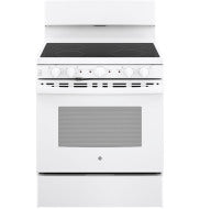 White free-standing electric radiant smooth cooktop range with control panel and oven door for kitchen appliances and home improvement