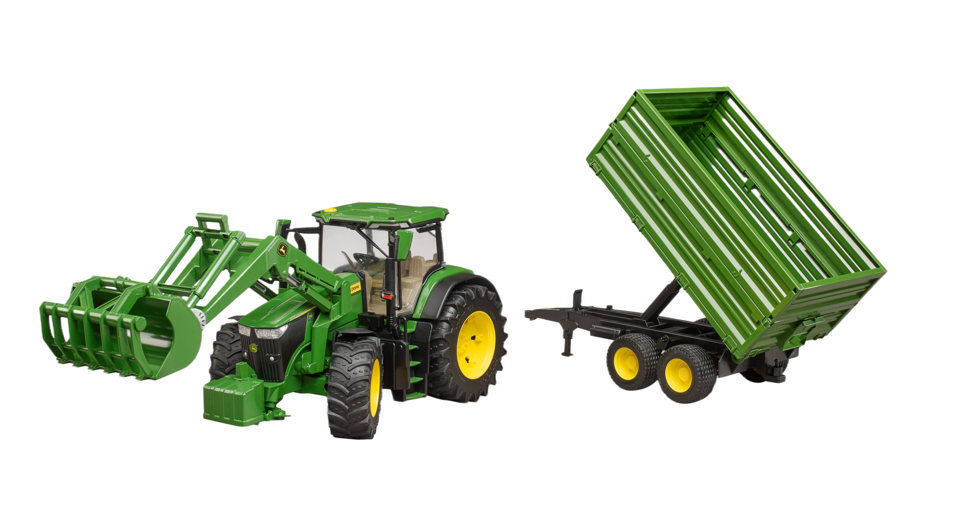 Green toy tractor with front loader and articulated tipping trailer for imaginative farm and garden play sets