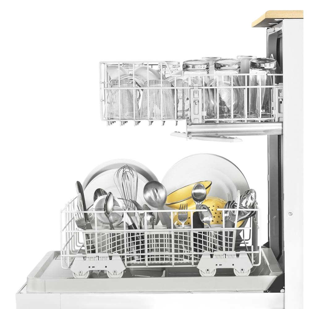 Open white heavy-duty dishwasher loaded with dishes, utensils, and glassware from Kitchen & Kitchenware collection
