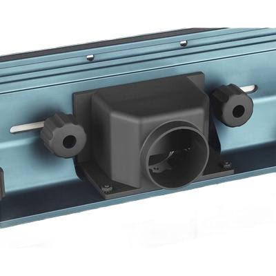 Dust collection port with adjustable knobs on blue laminated cabinet router table for woodworking tool accessories