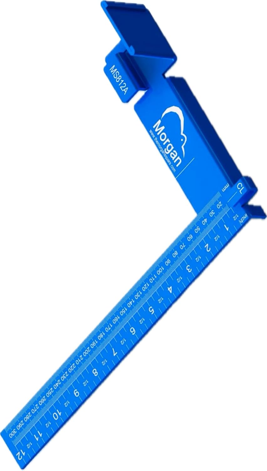 Blue aluminum Morgan woodworking square featuring imperial and metric measurements for precision in hand and measuring tool collections