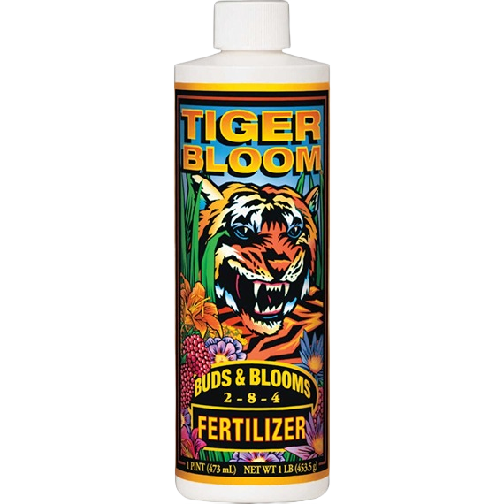 Bottle of Tiger Bloom liquid fertilizer with vibrant tiger and floral design for plant food and garden care collections
