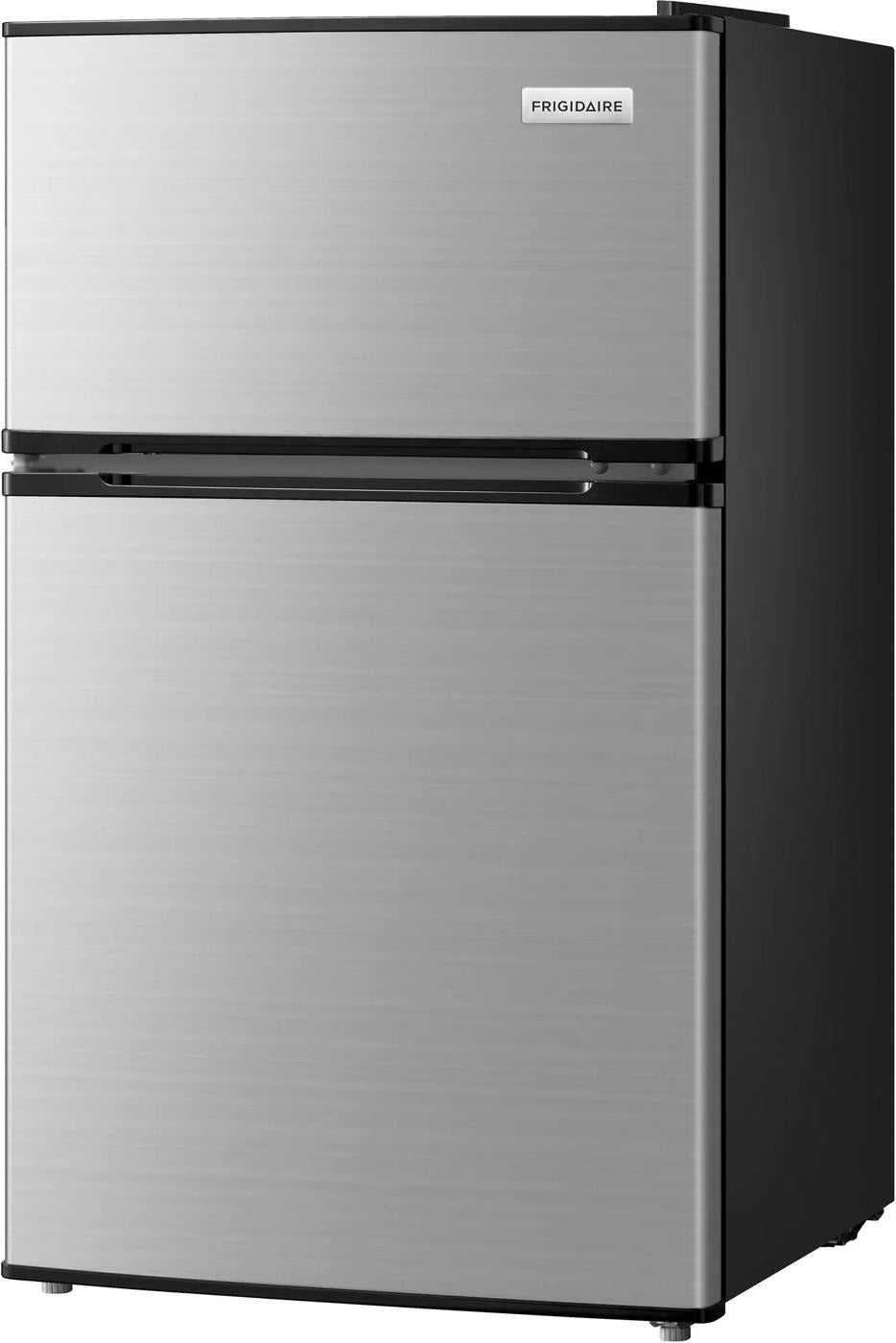 Compact refrigerator with brushed stainless steel front and black sides, featuring a top freezer compartment, suitable for Refrigerators, Mini Refrigerators, Kitchen & Kitchenware, All Products, and Appliances collections.