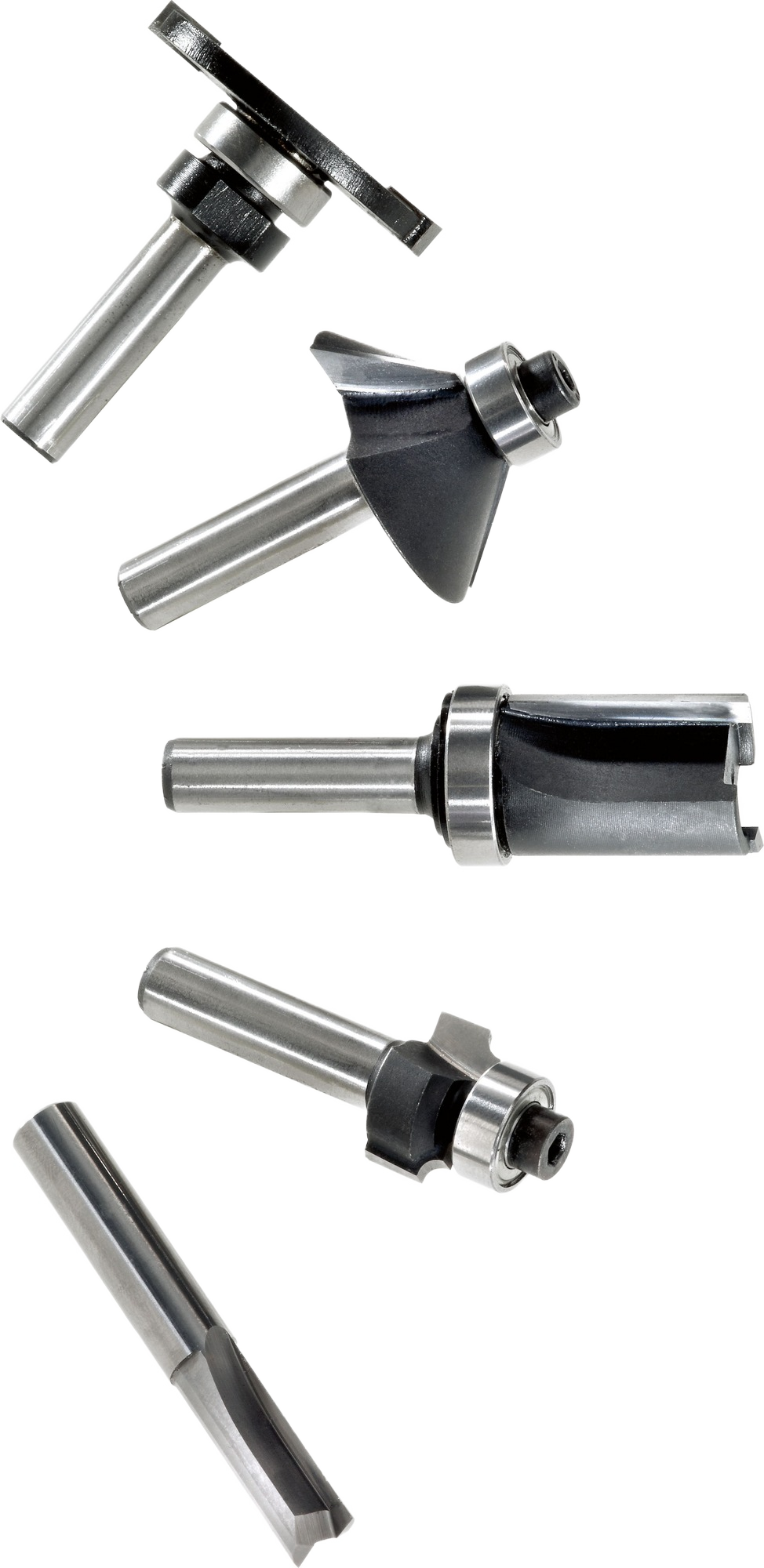 Set of five carbide-tipped router bits for woodworking in power tool accessories and Festool collections
