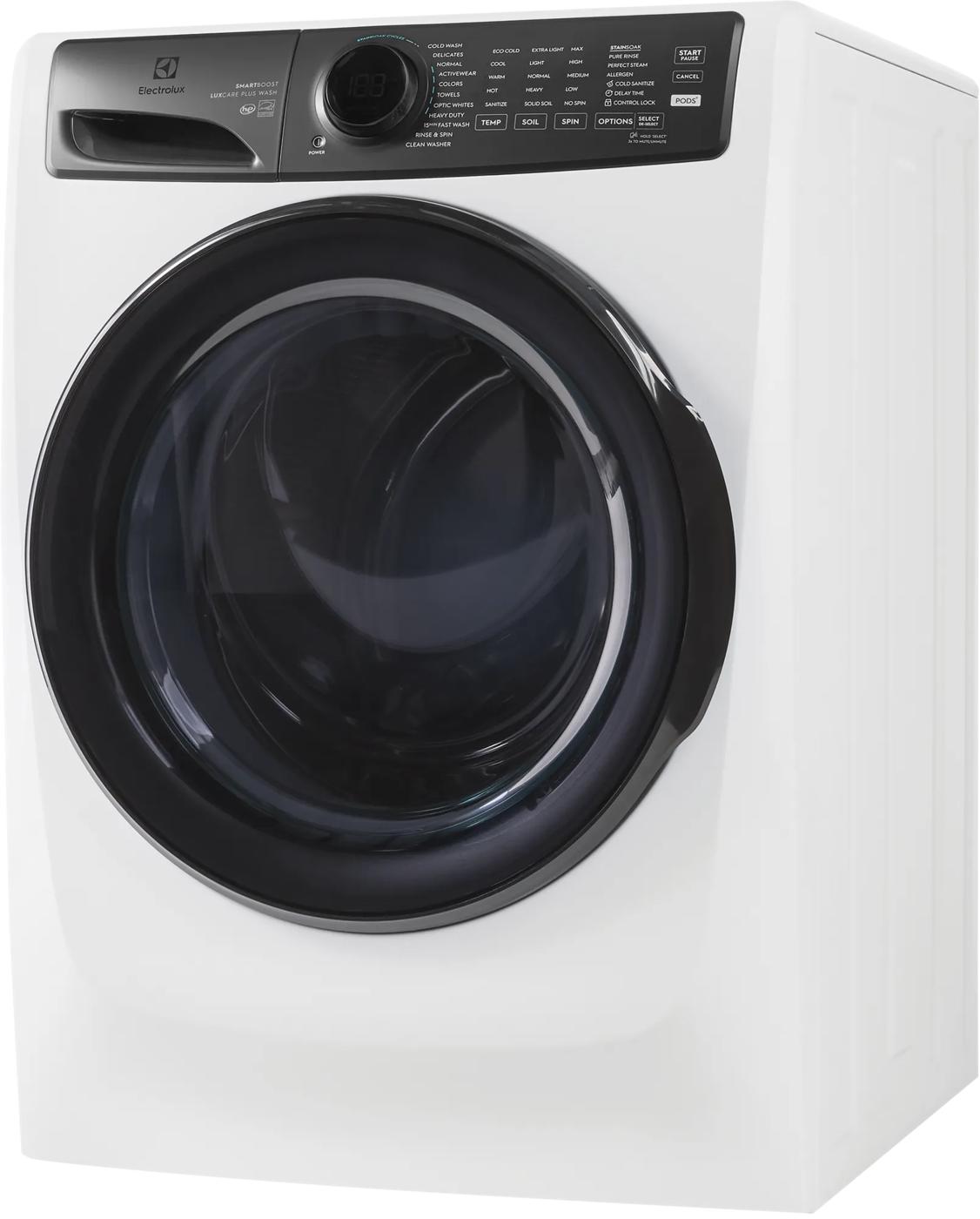white front load washer with large black tinted door and digital control panel in washers and dryers collection