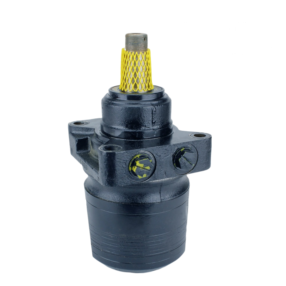 Black cast metal hydraulic motor with yellow protective cap and mounting holes for tools and home improvement tasks