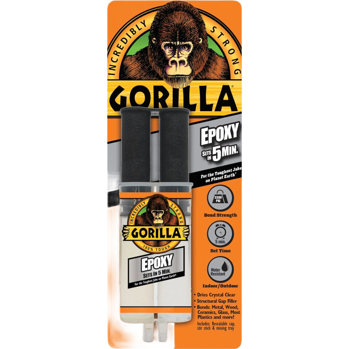 Twin syringe epoxy adhesive with strong bond, quick 5-minute set, and water-resistant formula for home improvement tasks